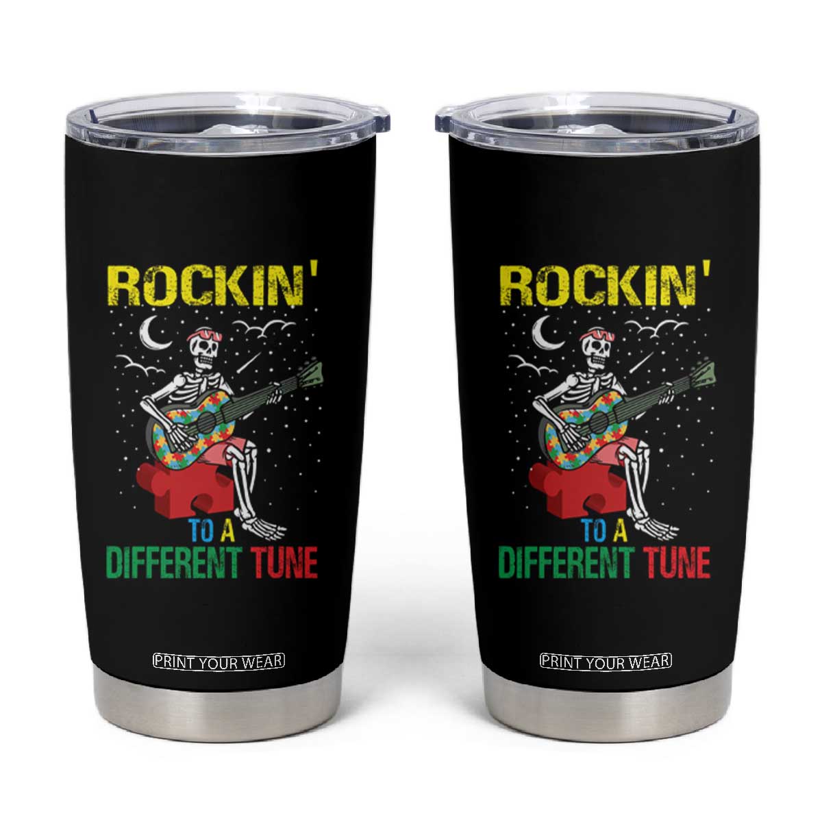 Autism Awareness Tumbler Cup Rockin' To A Different Tune Skeleton TS09