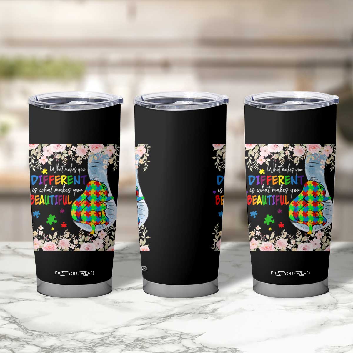 Autism Awareness Tumbler Cup What Makes You Different Is What Makes You Beautiful Autistic Elephant Mom TS09