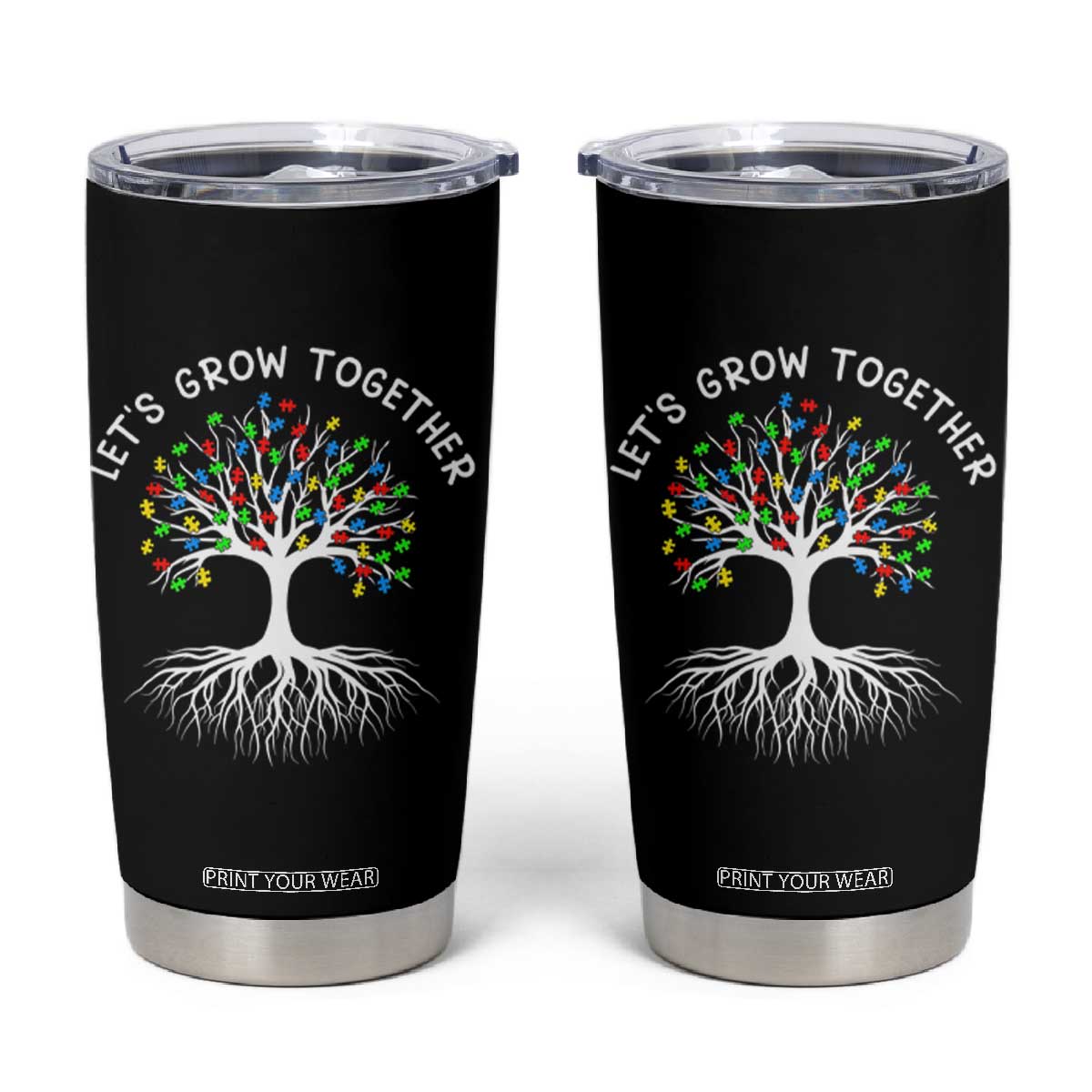 Autism Awareness Tumbler Cup Let's Grow Together Puzzle Flowers TS09