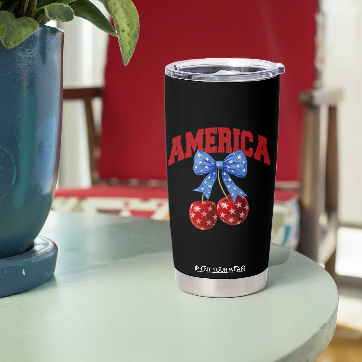 America Cherry Coquette Bow Tumbler Cup 4th of July Patriotic TS10