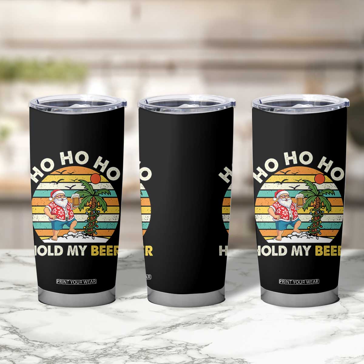 Christmas In July Santa Ho Ho Hold My Beer Tumbler Cup Summer Beach Hawaii Santa USA Flag TS10