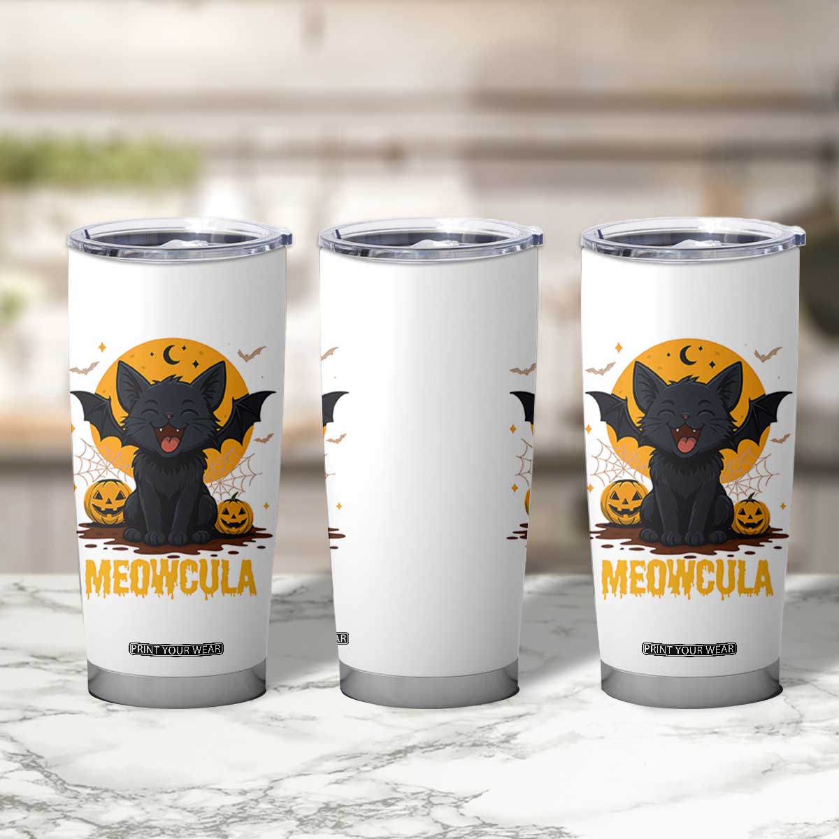 Black Cat Halloween Tumbler Cup Meowcula Cute Smilling With Bat TS12