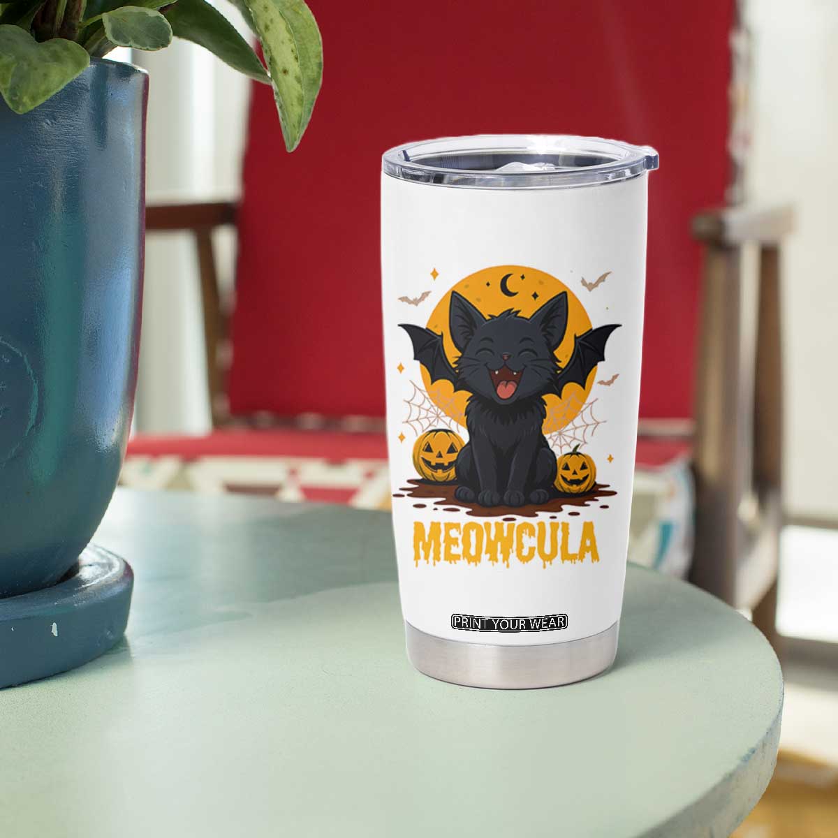 Black Cat Halloween Tumbler Cup Meowcula Cute Smilling With Bat TS12