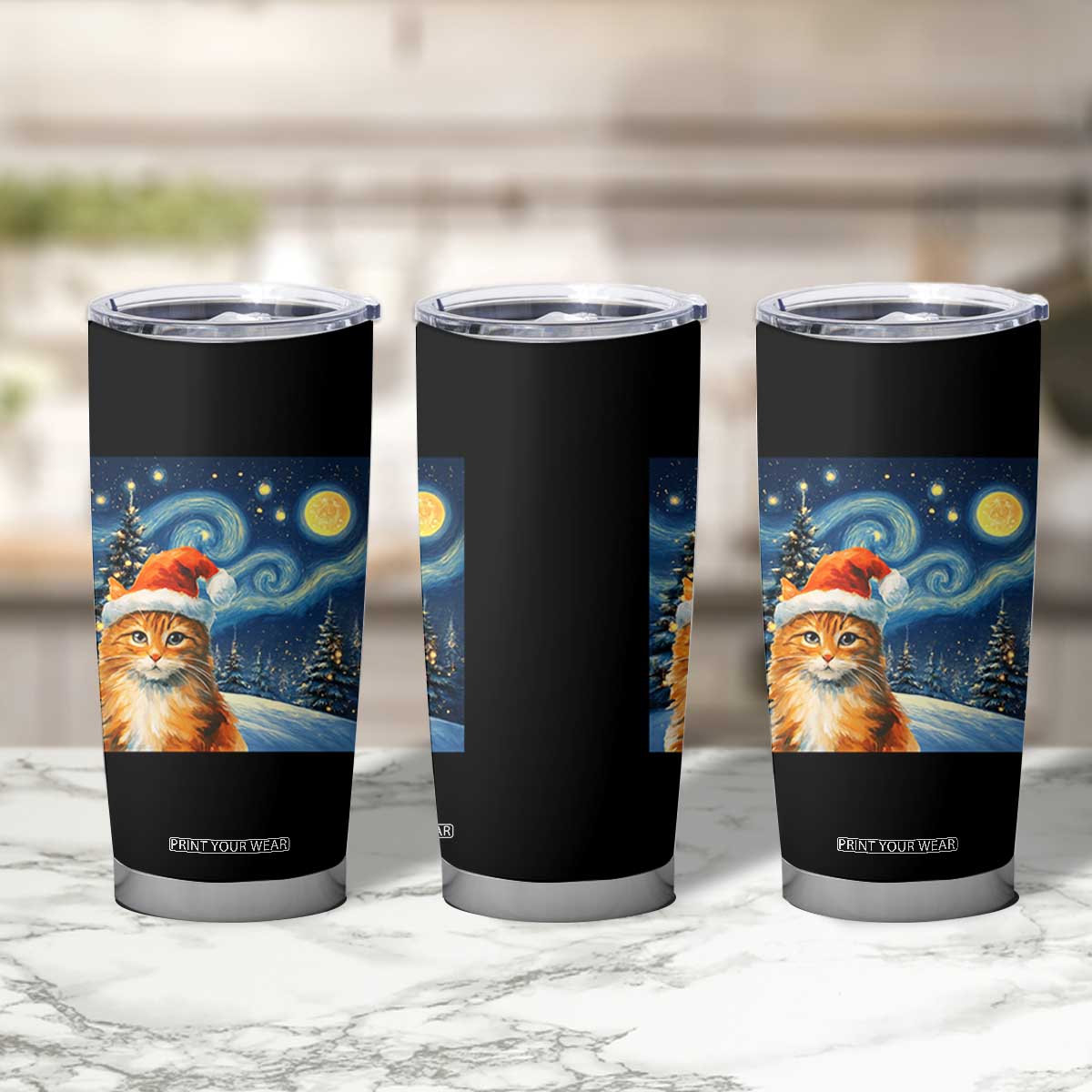 Christmas Van Gogh Cat Tumbler Cup In Santa Hat Starry Night TS12