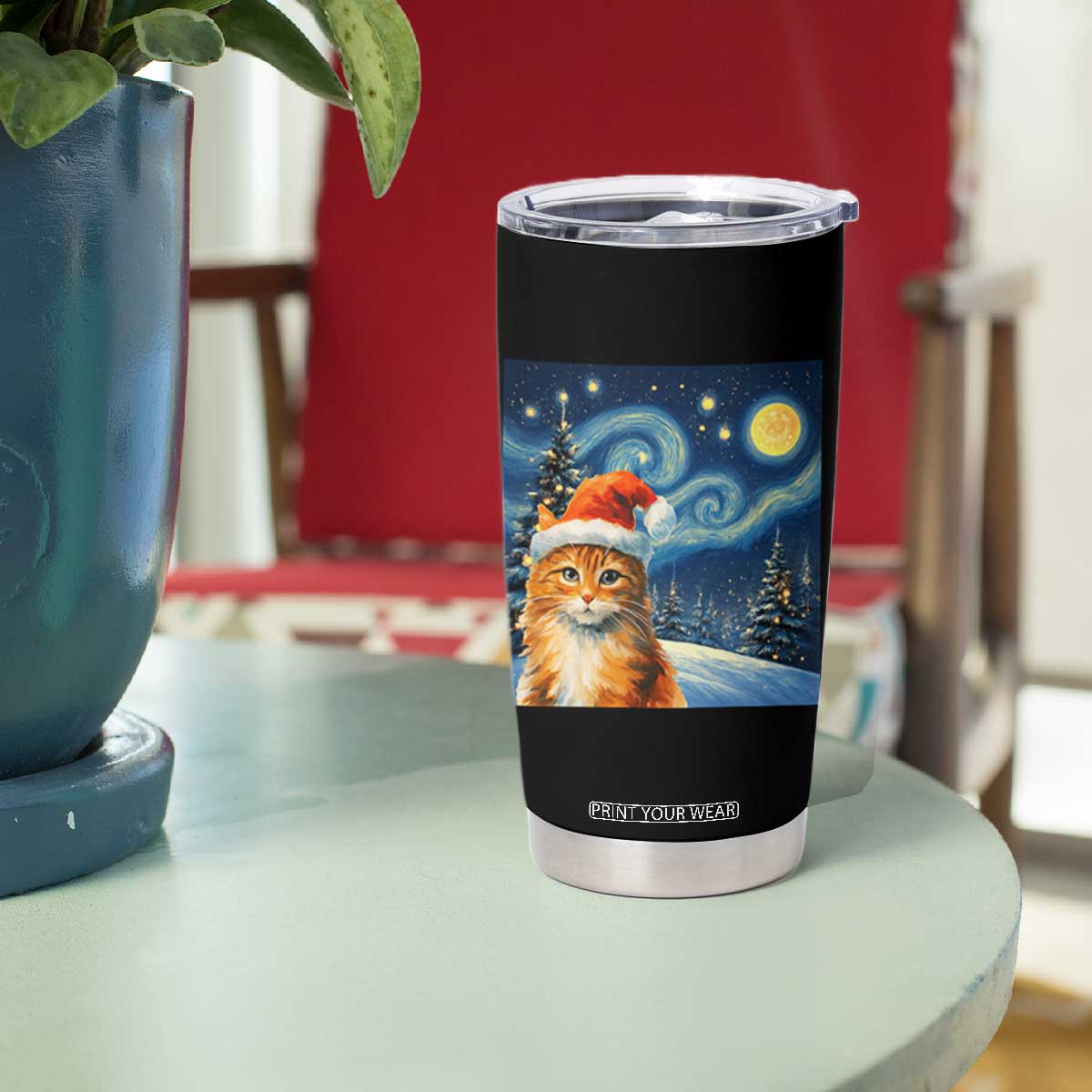Christmas Van Gogh Cat Tumbler Cup In Santa Hat Starry Night TS12