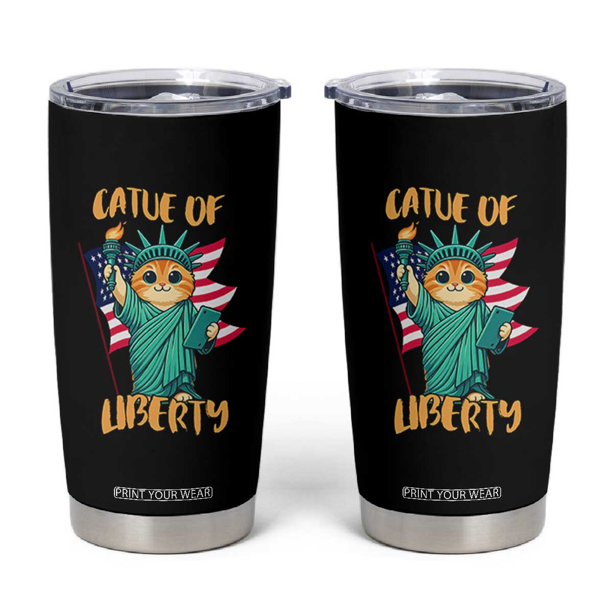 Cat Statue Of Liberty Tumbler Cup Patriotic American Flag TS12