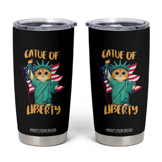 Cat Statue Of Liberty Tumbler Cup Patriotic American Flag TS12