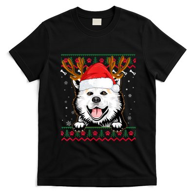 Ugly Sweater Reindeer Santa Christmas American Eskimo Dog T-Shirt