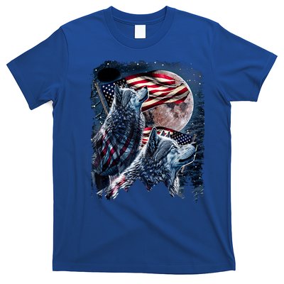 Wolf 4th Of July American Flag Howling Wolves Under Moon T-Shirt